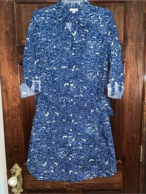 LL bean Signature Collection Blue Printed Long-Sleeve Shirt Dress M NWT